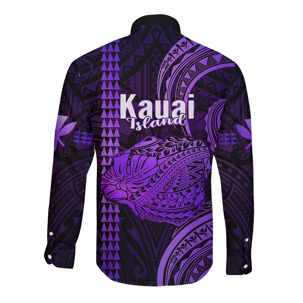 Polynesian Pride Hawaiian Islands Long Sleeve Button Shirt Kauai Map Purple Kanaka With Kakau - Wonder Print Shop