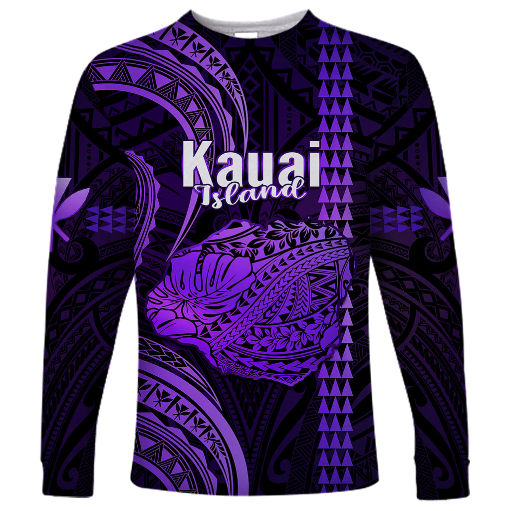 Polynesian Pride Hawaiian Islands Long Sleeve Shirt Kauai Map Purple Kanaka With Kakau - Wonder Print Shop