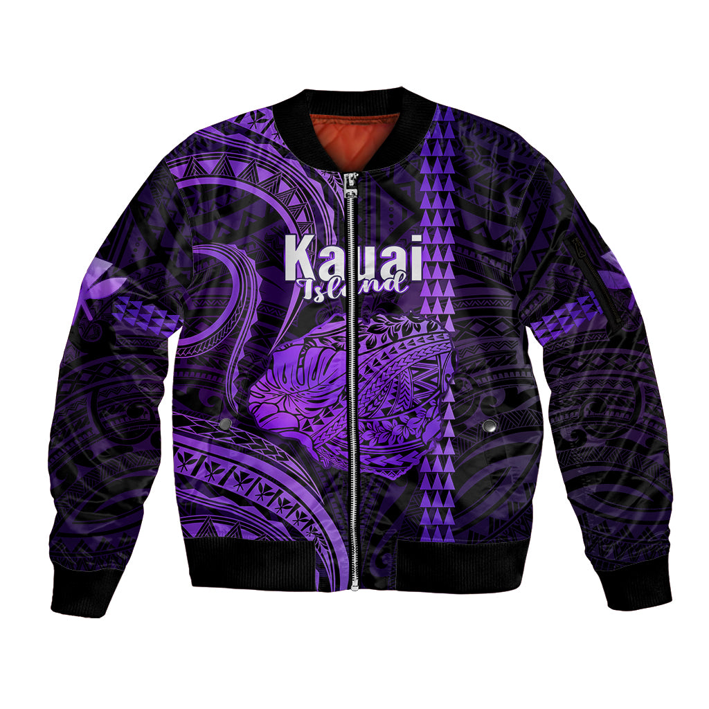 Polynesian Pride Hawaiian Islands Sleeve Zip Bomber Jacket Kauai Map Purple Kanaka With Kakau - Wonder Print Shop