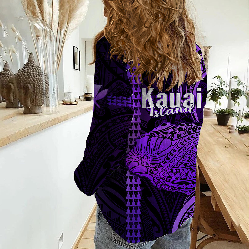 Polynesian Pride Hawaiian Islands Women Casual Shirt Kauai Map Purple Kanaka With Kakau - Wonder Print Shop