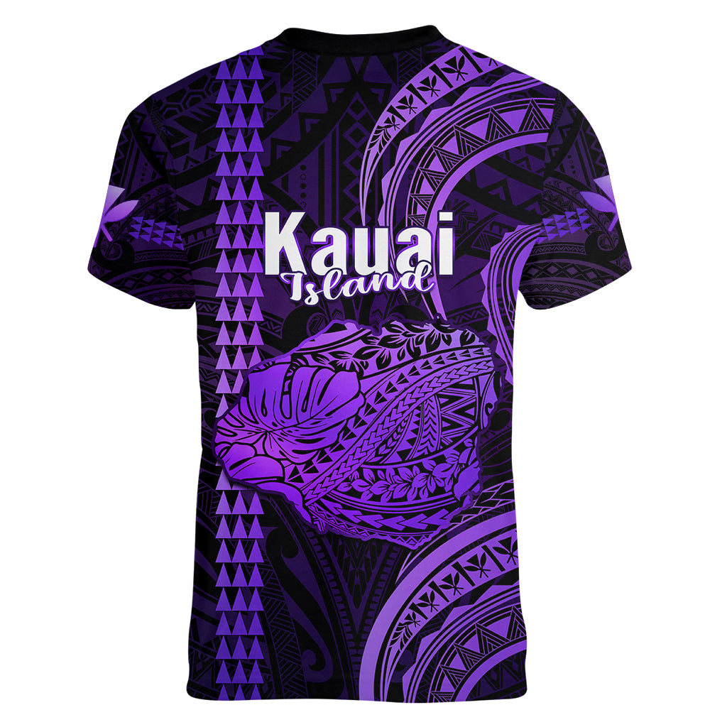 Polynesian Pride Hawaiian Islands Women V Neck T Shirt Kauai Map Purple Kanaka With Kakau - Wonder Print Shop