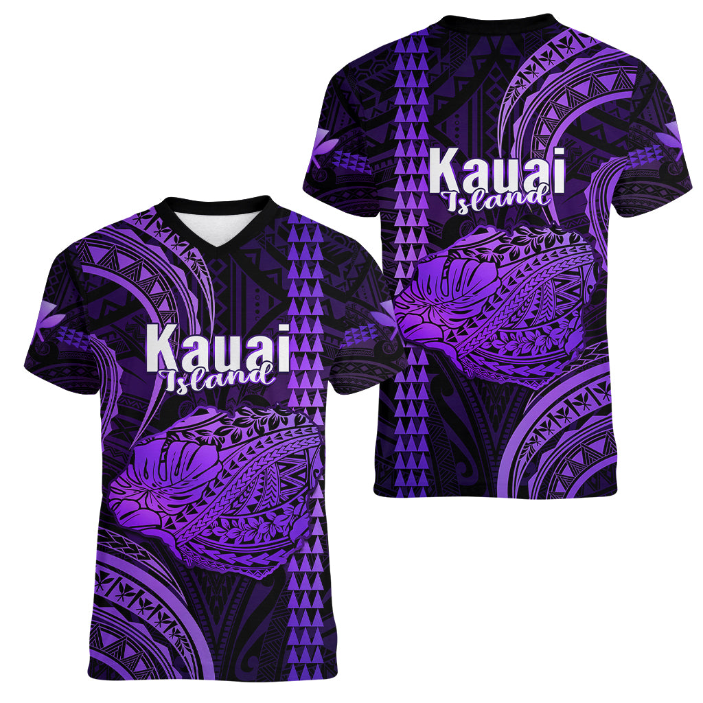 Polynesian Pride Hawaiian Islands Women V Neck T Shirt Kauai Map Purple Kanaka With Kakau - Wonder Print Shop