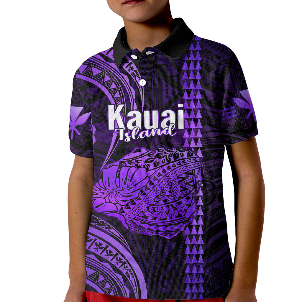 Custom Hawaiian Islands Polo Shirt for Kid Kauai Map Purple Kanaka With Kakau - Wonder Print Shop