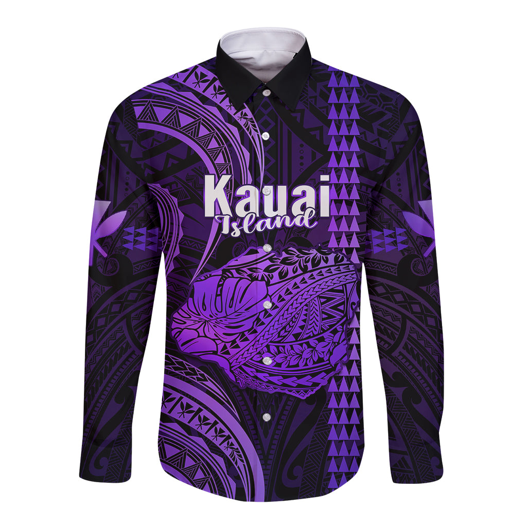 Personalised Hawaiian Islands Long Sleeve Button Shirt Kauai Map Purple Kanaka With Kakau - Wonder Print Shop