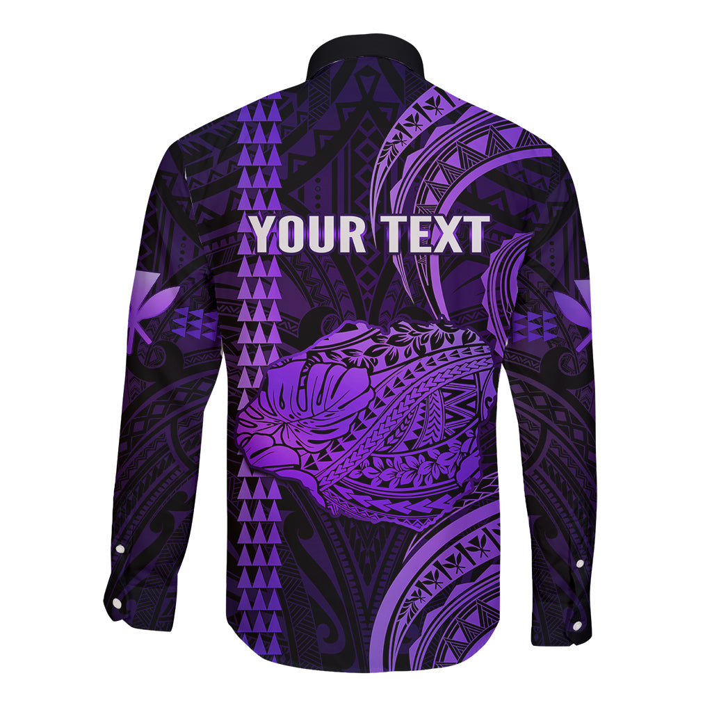 Personalised Hawaiian Islands Long Sleeve Button Shirt Kauai Map Purple Kanaka With Kakau - Wonder Print Shop