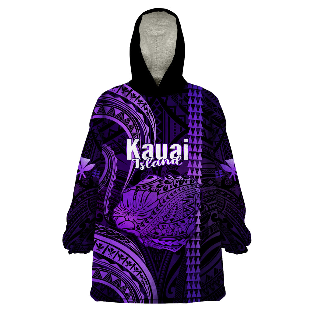 Personalised Hawaiian Islands Wearable Blanket Hoodie Kauai Map Purple Kanaka With Kakau - Wonder Print Shop