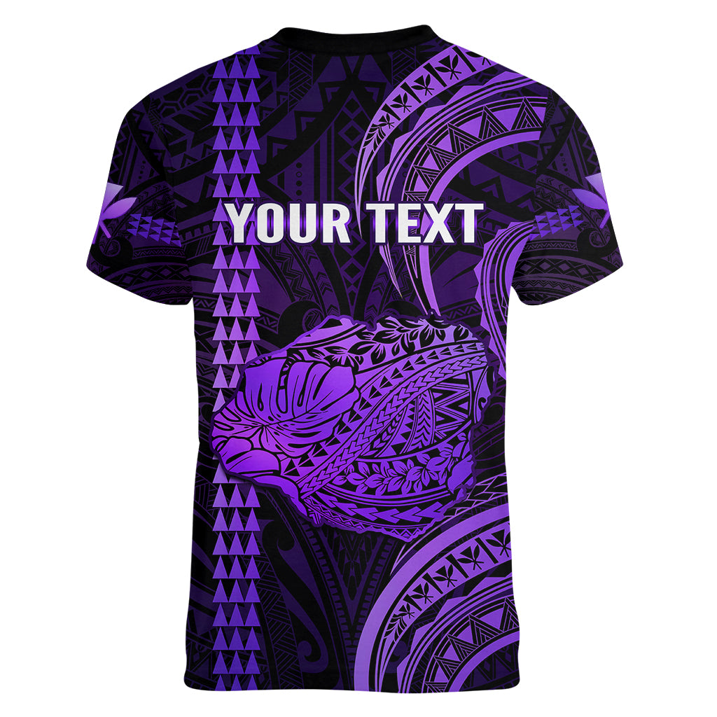 Personalised Hawaiian Islands Women V Neck T Shirt Kauai Map Purple Kanaka With Kakau - Wonder Print Shop