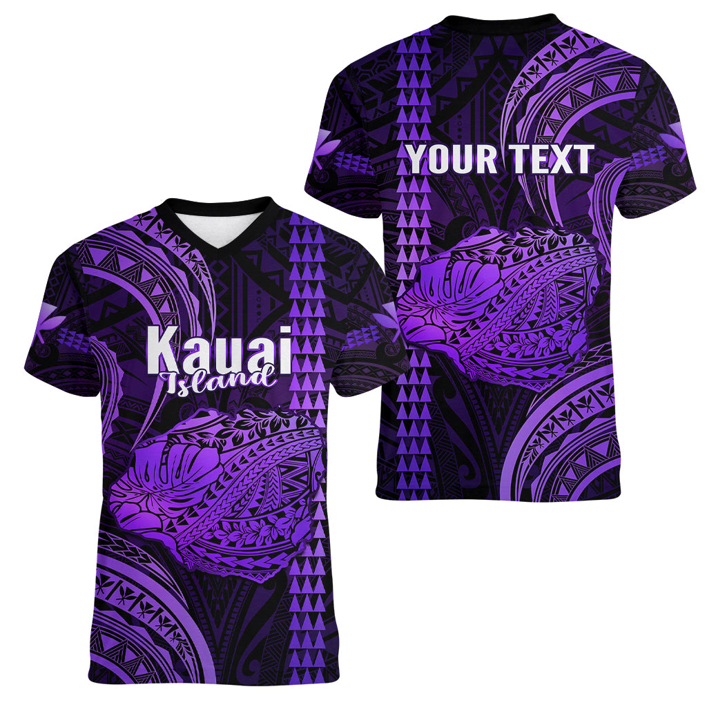 Personalised Hawaiian Islands Women V Neck T Shirt Kauai Map Purple Kanaka With Kakau - Wonder Print Shop