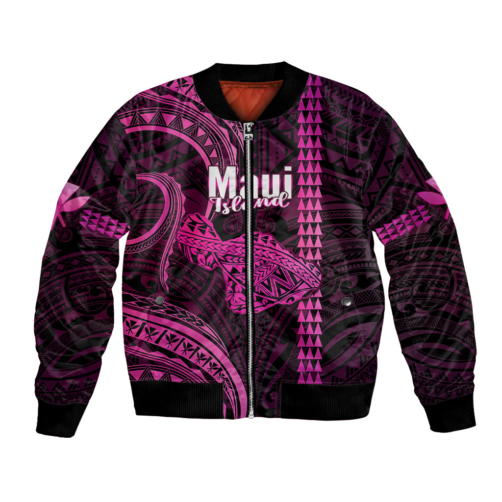 Polynesian Pride Hawaiian Islands Bomber Jacket Maui Map Pink Kanaka With Kakau - Wonder Print Shop