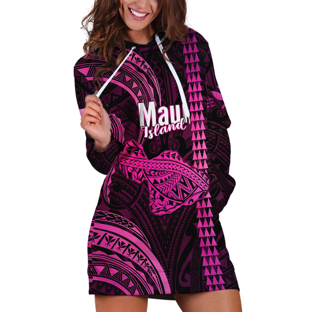 Polynesian Pride Hawaiian Islands Hoodie Dress Maui Map Pink Kanaka With Kakau - Wonder Print Shop
