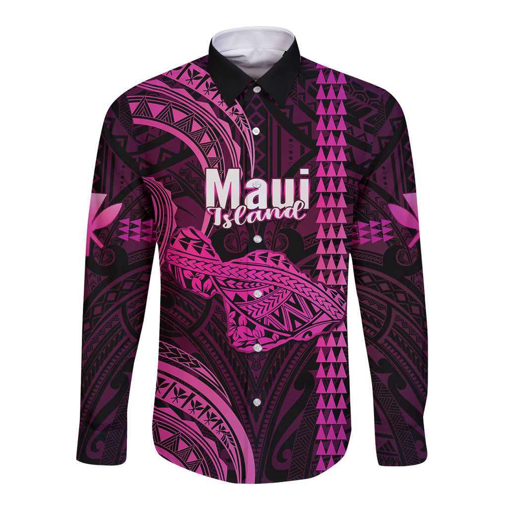 Polynesian Pride Hawaiian Islands Long Sleeve Button Shirt Maui Map Pink Kanaka With Kakau - Wonder Print Shop