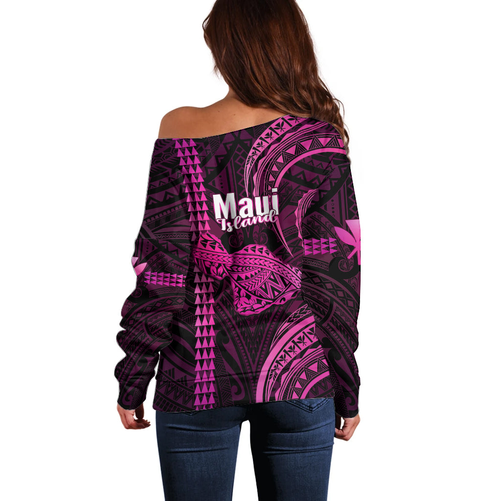 Polynesian Pride Hawaiian Islands Off Shoulder Sweater Maui Map Pink Kanaka With Kakau - Wonder Print Shop