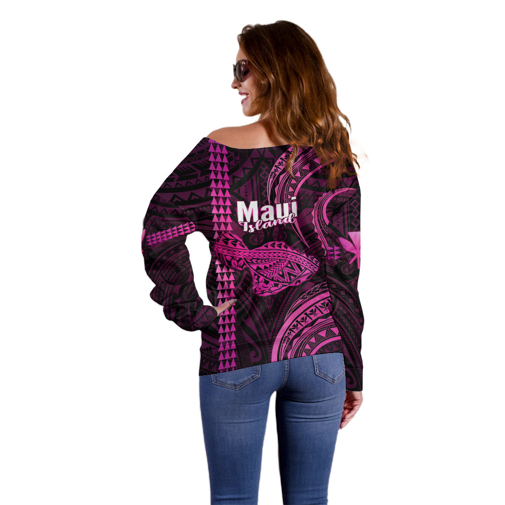 Polynesian Pride Hawaiian Islands Off Shoulder Sweater Maui Map Pink Kanaka With Kakau - Wonder Print Shop