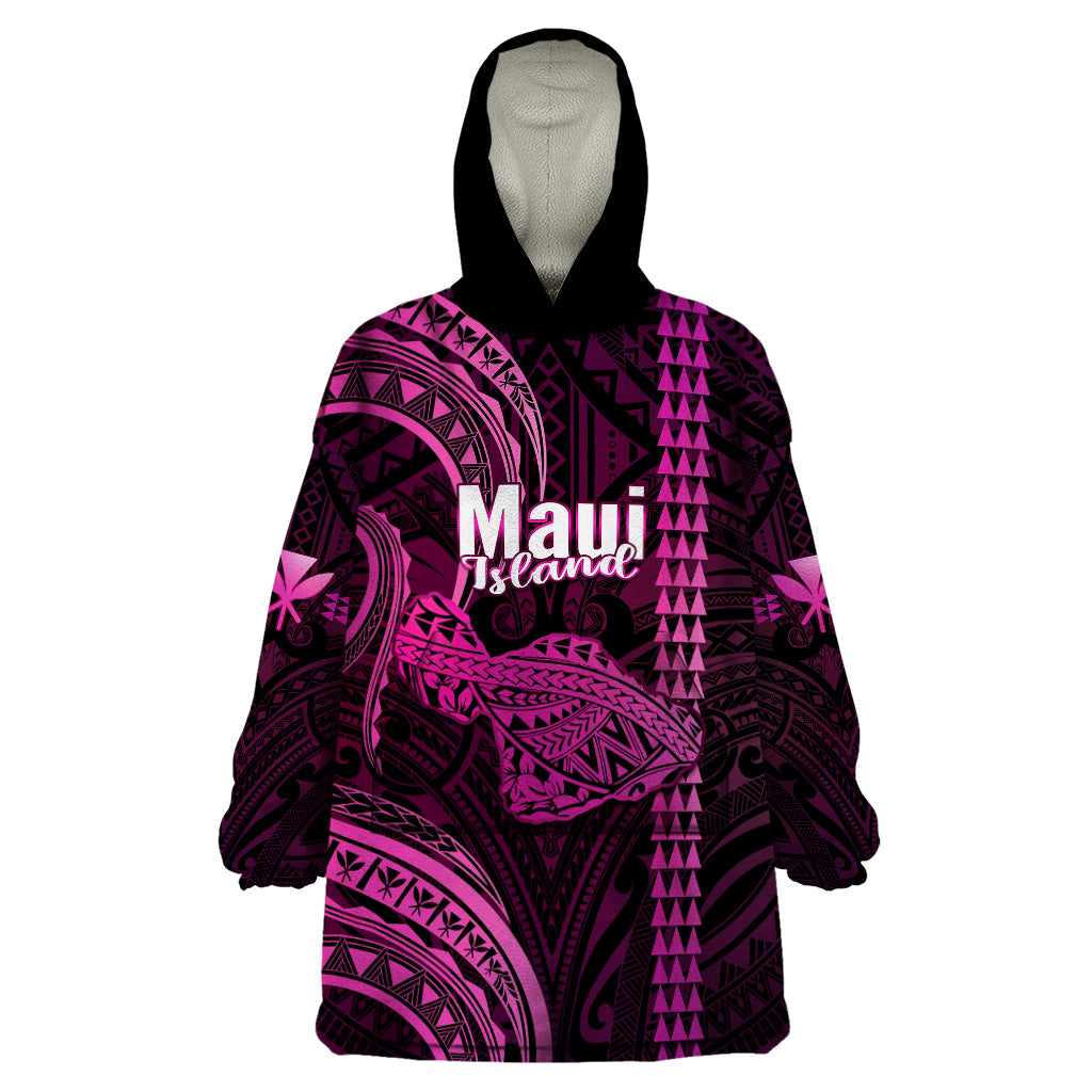 Polynesian Pride Hawaiian Islands Wearable Blanket Hoodie Maui Map Pink Kanaka With Kakau - Wonder Print Shop