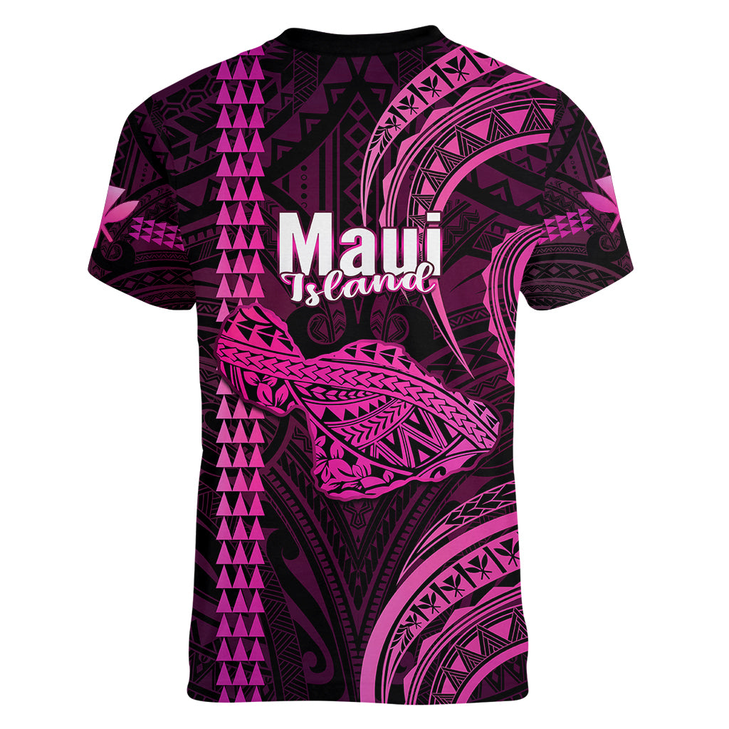 Polynesian Pride Hawaiian Islands Women V Neck T Shirt Maui Map Pink Kanaka With Kakau - Wonder Print Shop