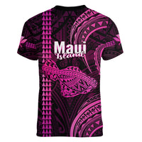Polynesian Pride Hawaiian Islands Women V Neck T Shirt Maui Map Pink Kanaka With Kakau - Wonder Print Shop