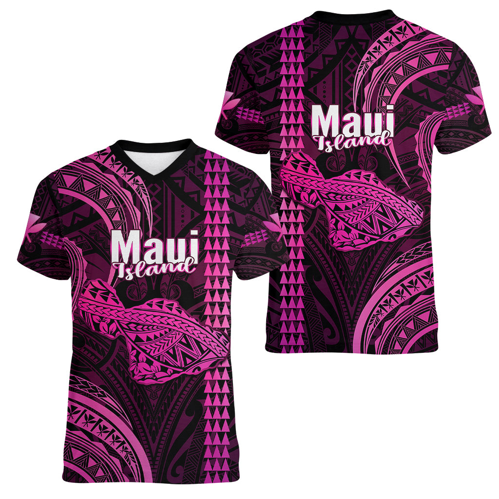 Polynesian Pride Hawaiian Islands Women V Neck T Shirt Maui Map Pink Kanaka With Kakau - Wonder Print Shop
