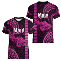 Polynesian Pride Hawaiian Islands Women V Neck T Shirt Maui Map Pink Kanaka With Kakau - Wonder Print Shop