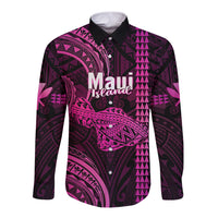 Personalised Hawaiian Islands Long Sleeve Button Shirt Maui Map Pink Kanaka With Kakau - Wonder Print Shop