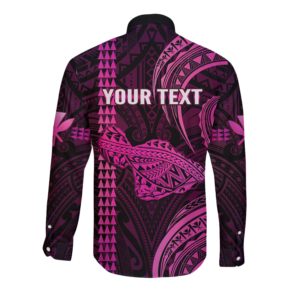Personalised Hawaiian Islands Long Sleeve Button Shirt Maui Map Pink Kanaka With Kakau - Wonder Print Shop