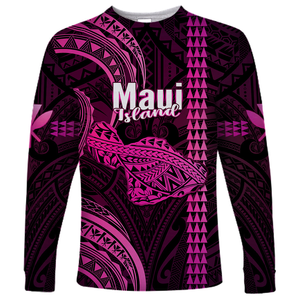 Personalised Hawaiian Islands Long Sleeve Shirt Maui Map Pink Kanaka With Kakau - Wonder Print Shop