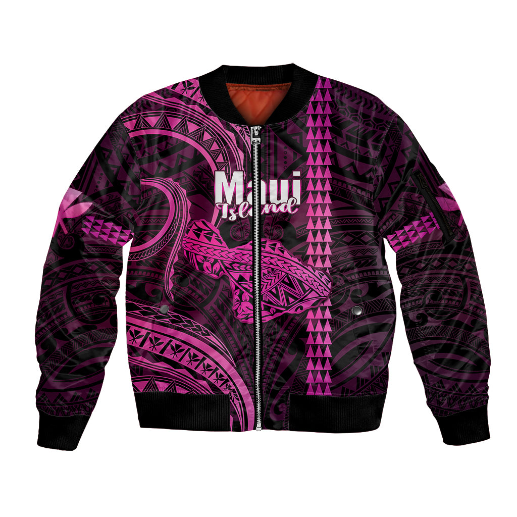 Personalised Hawaiian Islands Sleeve Zip Bomber Jacket Maui Map Pink Kanaka With Kakau - Wonder Print Shop