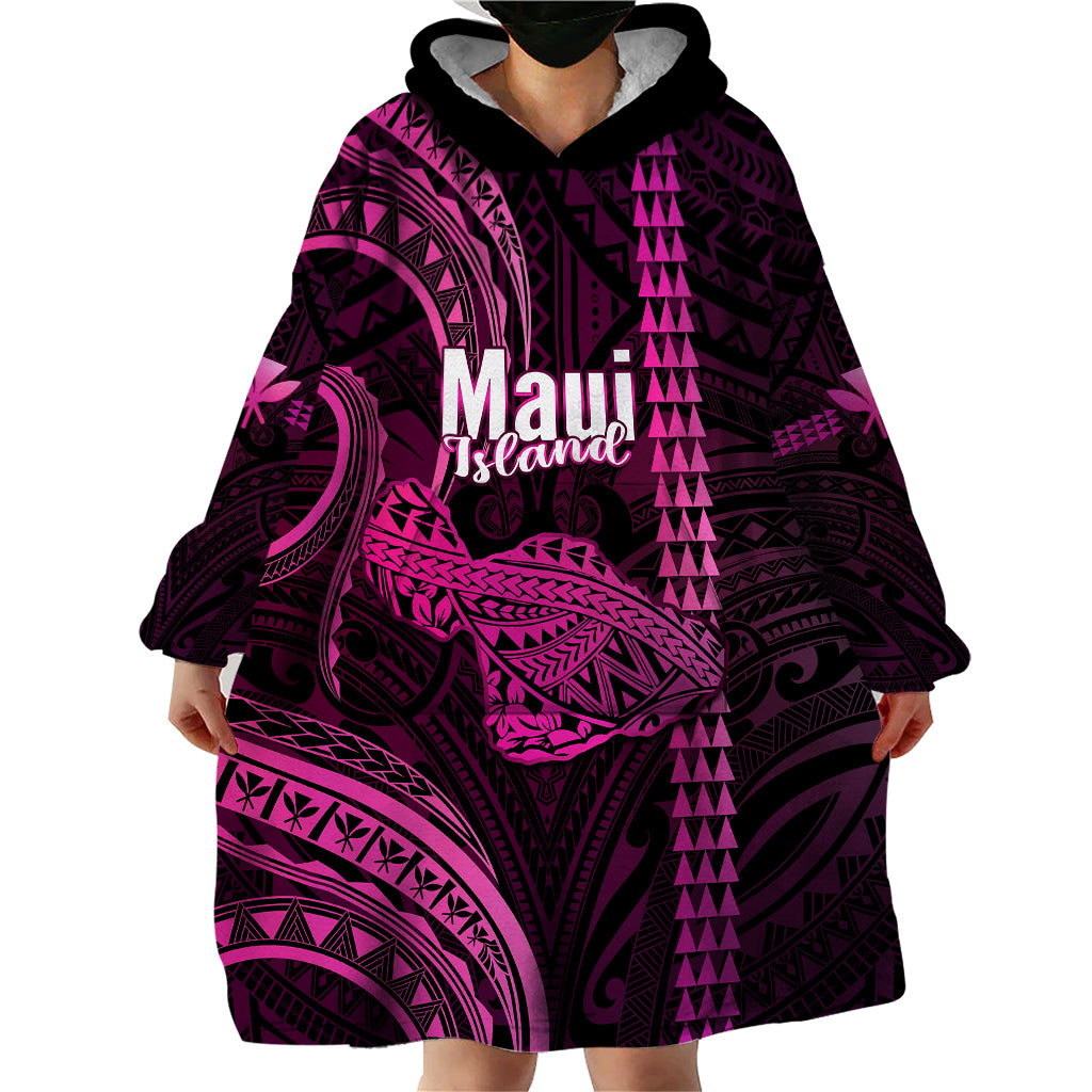 Personalised Hawaiian Islands Wearable Blanket Hoodie Maui Map Pink Kanaka With Kakau - Wonder Print Shop