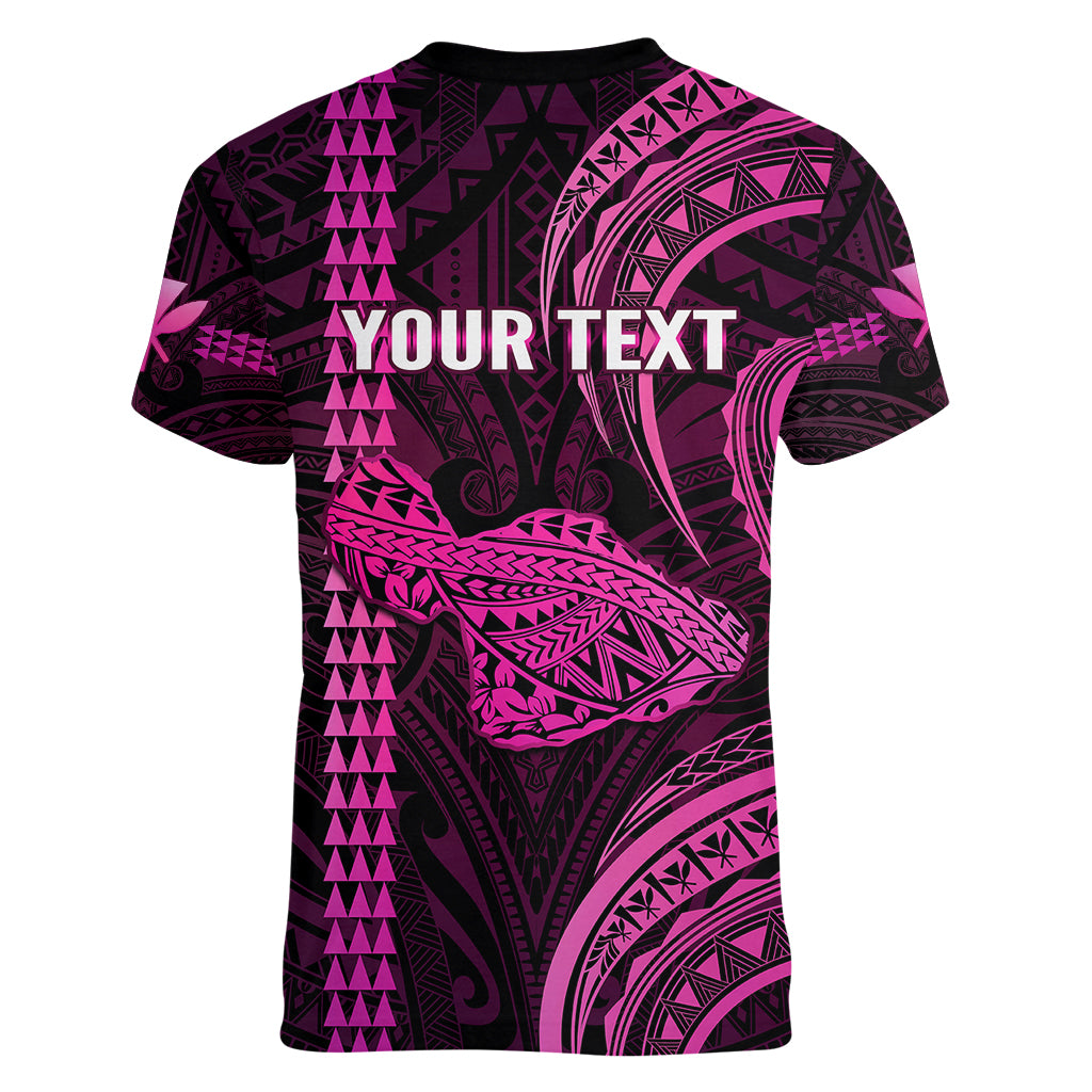 Personalised Hawaiian Islands Women V Neck T Shirt Maui Map Pink Kanaka With Kakau - Wonder Print Shop