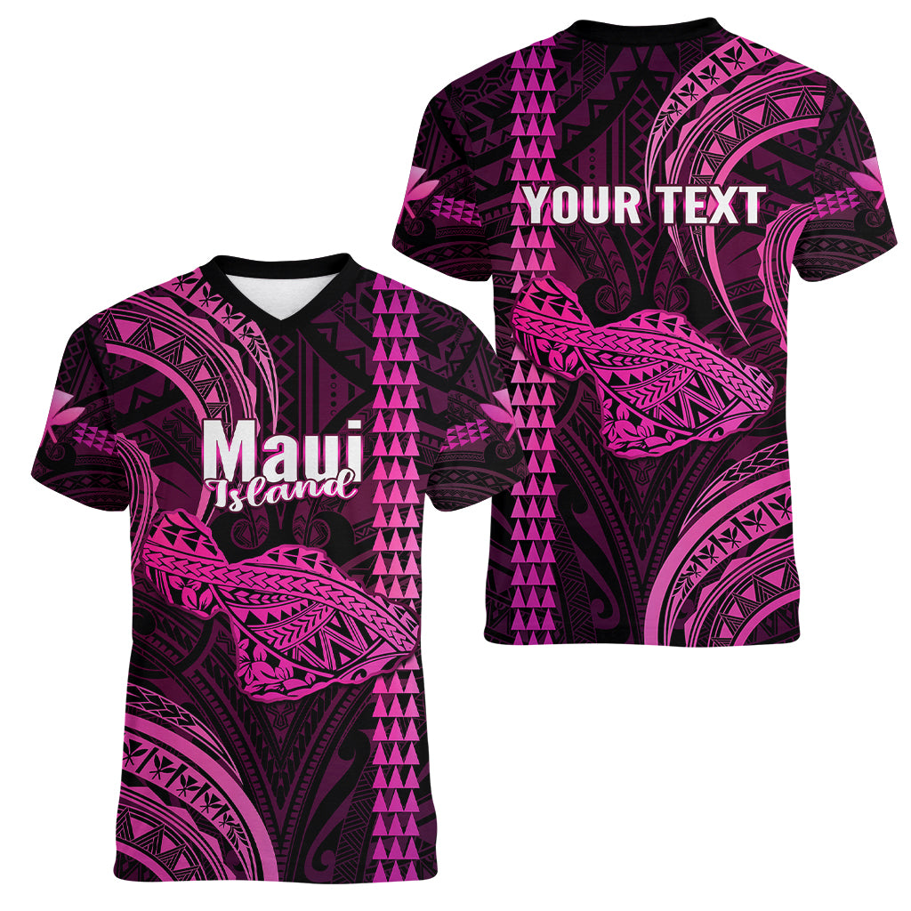 Personalised Hawaiian Islands Women V Neck T Shirt Maui Map Pink Kanaka With Kakau - Wonder Print Shop