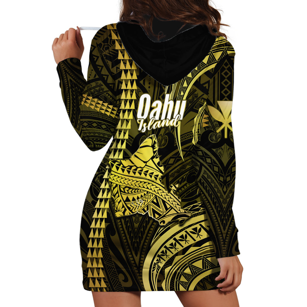 Polynesian Pride Hawaiian Islands Hoodie Dress Oahu Map Yellow Kanaka With Kakau - Wonder Print Shop