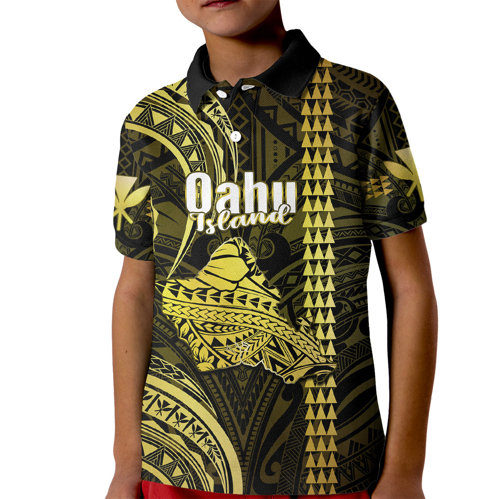 Polynesian Pride Hawaiian Islands Polo Shirt for Kid Oahu Map Yellow Kanaka With Kakau - Wonder Print Shop