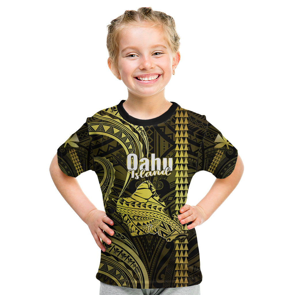 Polynesian Pride Hawaiian Islands Kid T Shirt Oahu Map Yellow Kanaka With Kakau - Wonder Print Shop