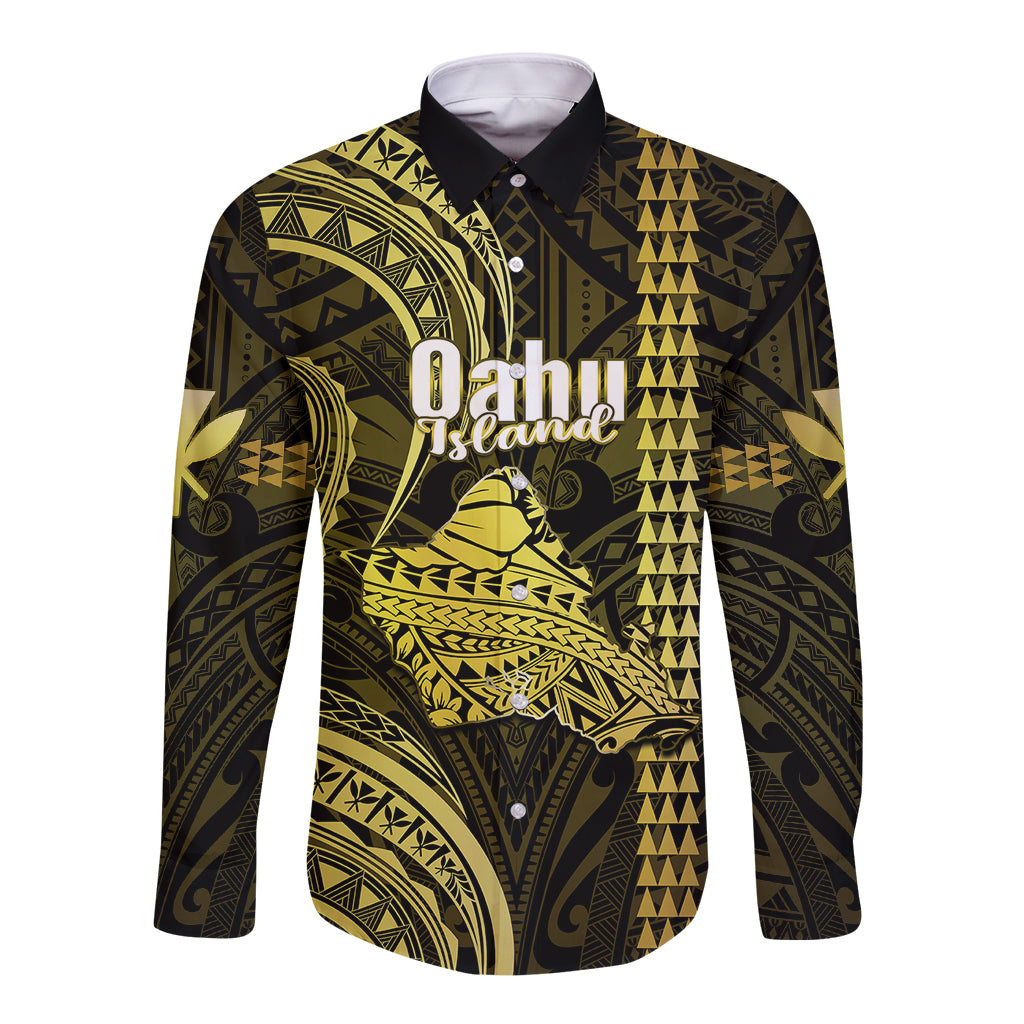 Polynesian Pride Hawaiian Islands Long Sleeve Button Shirt Oahu Map Yellow Kanaka With Kakau - Wonder Print Shop