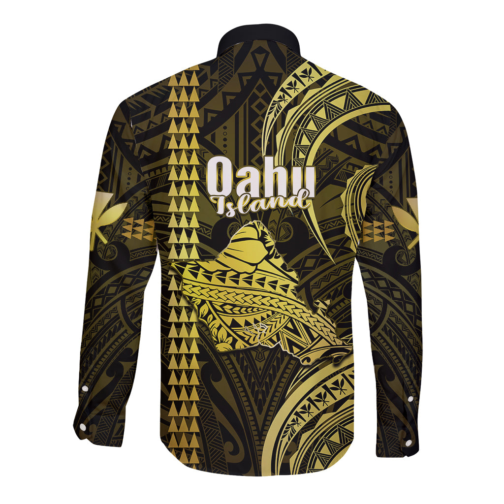 Polynesian Pride Hawaiian Islands Long Sleeve Button Shirt Oahu Map Yellow Kanaka With Kakau - Wonder Print Shop