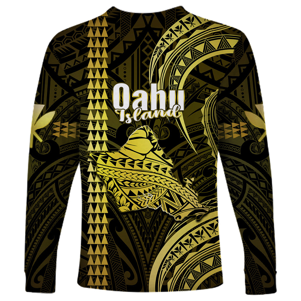 Polynesian Pride Hawaiian Islands Long Sleeve Shirt Oahu Map Yellow Kanaka With Kakau - Wonder Print Shop