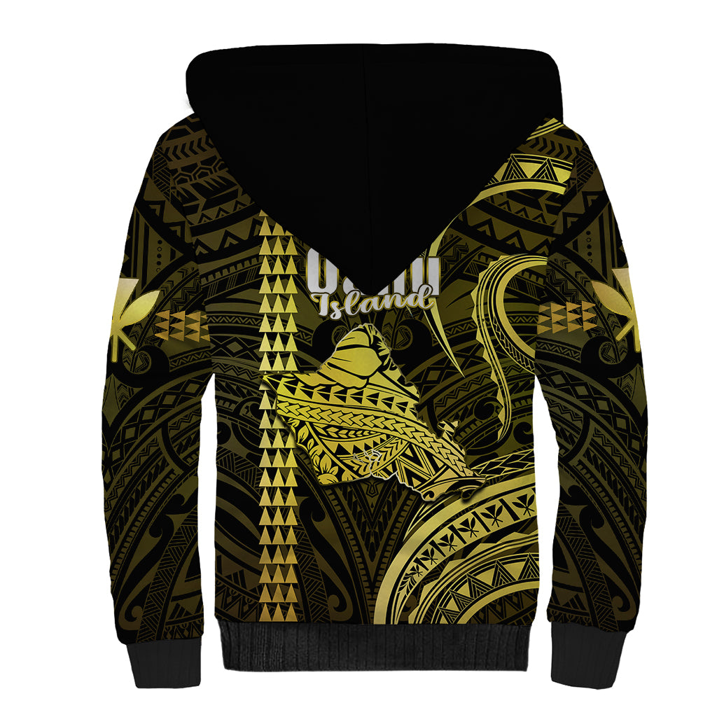 Polynesian Pride Hawaiian Islands Sherpa Hoodie Oahu Map Yellow Kanaka With Kakau - Wonder Print Shop