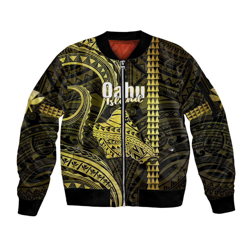 Polynesian Pride Hawaiian Islands Sleeve Zip Bomber Jacket Oahu Map Yellow Kanaka With Kakau - Wonder Print Shop