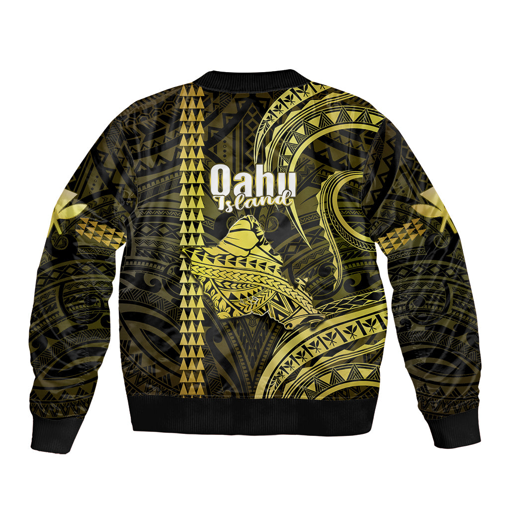 Polynesian Pride Hawaiian Islands Sleeve Zip Bomber Jacket Oahu Map Yellow Kanaka With Kakau - Wonder Print Shop