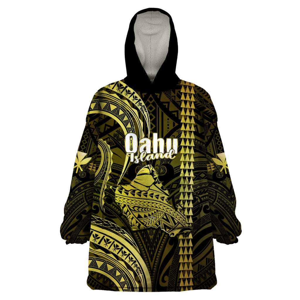 Polynesian Pride Hawaiian Islands Wearable Blanket Hoodie Oahu Map Yellow Kanaka With Kakau - Wonder Print Shop