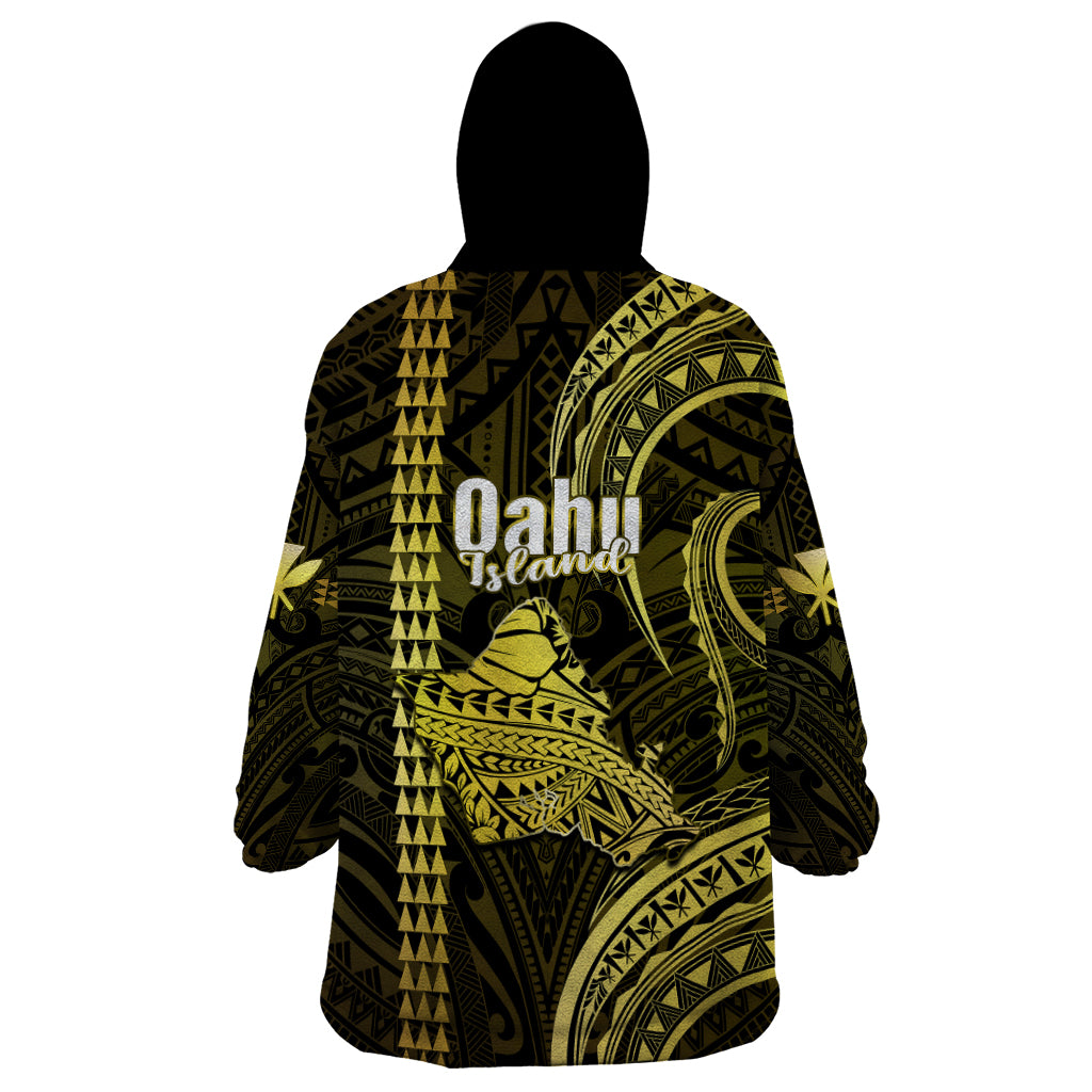 Polynesian Pride Hawaiian Islands Wearable Blanket Hoodie Oahu Map Yellow Kanaka With Kakau - Wonder Print Shop
