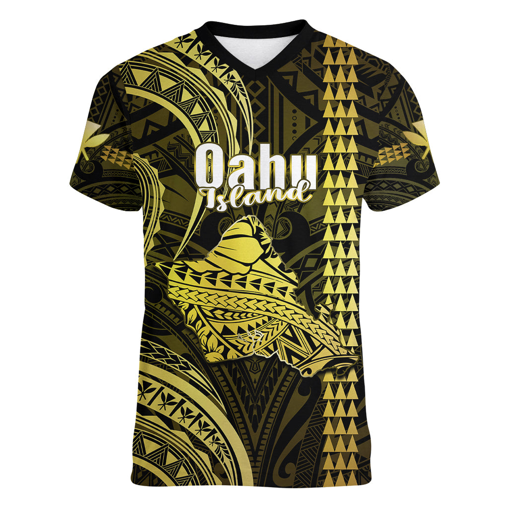 Polynesian Pride Hawaiian Islands Women V Neck T Shirt Oahu Map Yellow Kanaka With Kakau - Wonder Print Shop