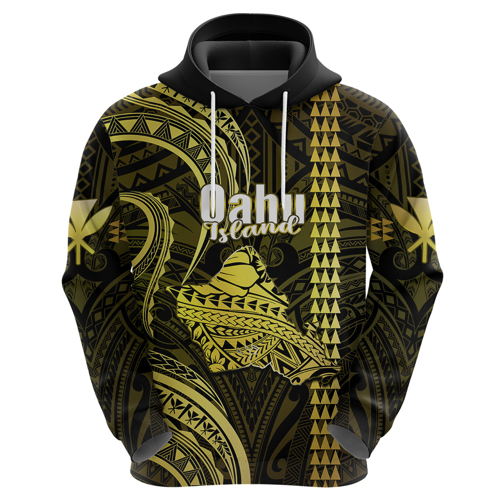 Custom Hawaiian Islands Hoodie Oahu Map Yellow Kanaka With Kakau - Wonder Print Shop