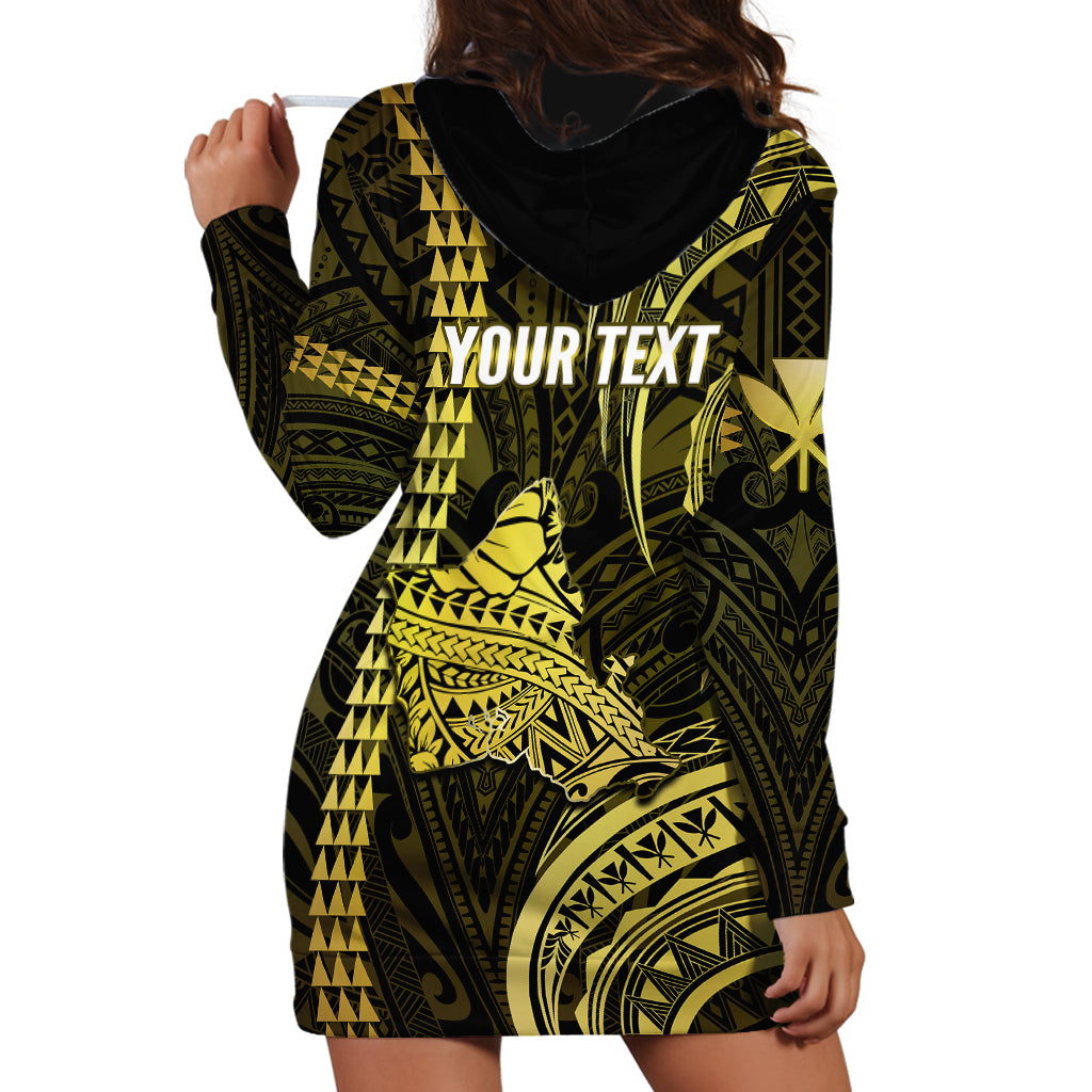 Personalised Hawaiian Islands Hoodie Dress Oahu Map Yellow Kanaka With Kakau - Wonder Print Shop