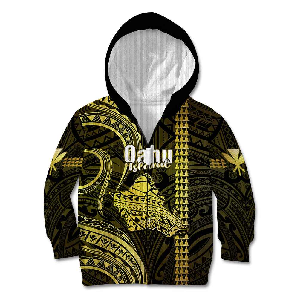 Personalised Hawaiian Islands Kid Hoodie Oahu Map Yellow Kanaka With Kakau - Wonder Print Shop