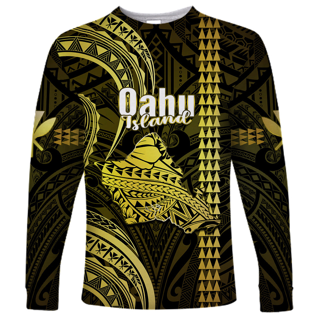 Personalised Hawaiian Islands Long Sleeve Shirt Oahu Map Yellow Kanaka With Kakau - Wonder Print Shop
