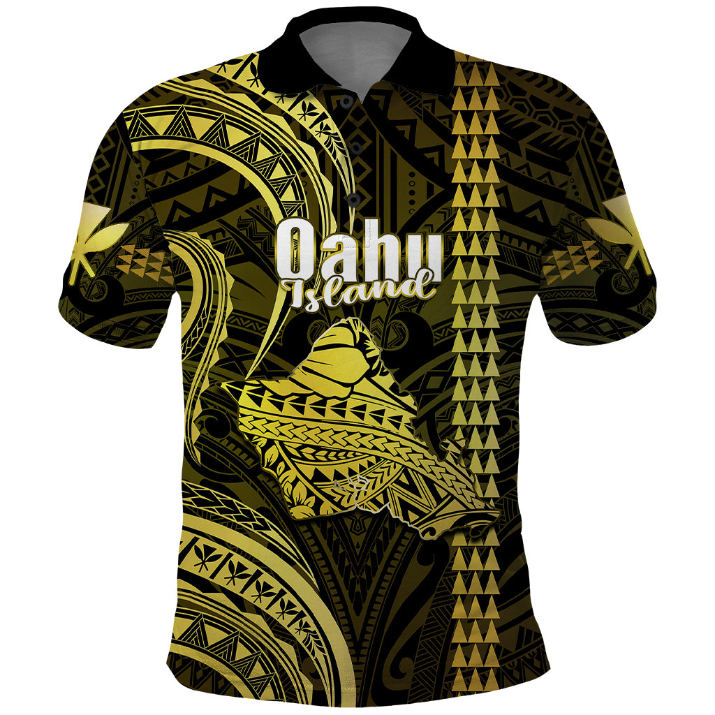 Custom Hawaiian Islands Polo Shirt Oahu Map Yellow Kanaka With Kakau - Wonder Print Shop
