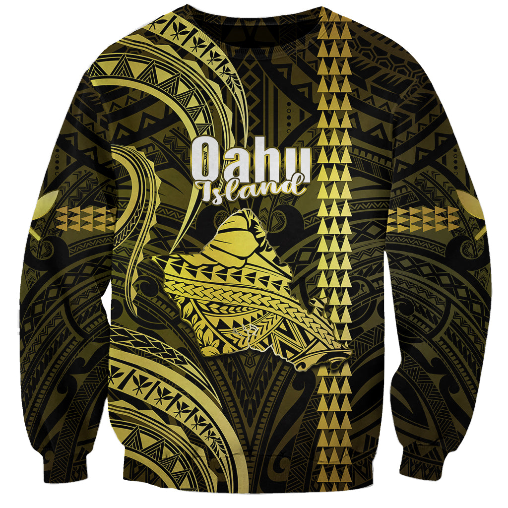 Personalised Hawaiian Islands Sweatshirt Oahu Map Yellow Kanaka With Kakau - Wonder Print Shop