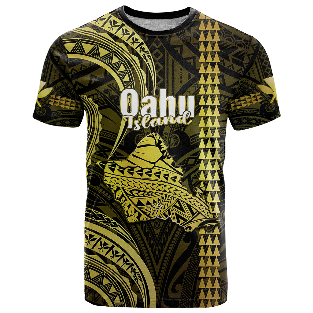 Personalised Hawaiian Islands T Shirt Oahu Map Yellow Kanaka With Kakau - Wonder Print Shop
