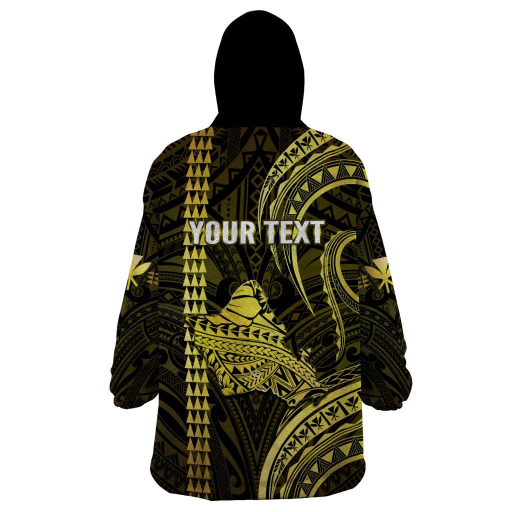 Personalised Hawaiian Islands Wearable Blanket Hoodie Oahu Map Yellow Kanaka With Kakau - Wonder Print Shop