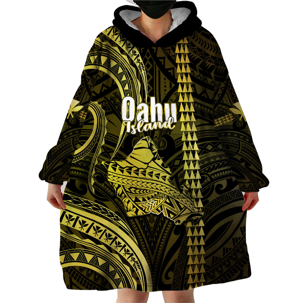 Personalised Hawaiian Islands Wearable Blanket Hoodie Oahu Map Yellow Kanaka With Kakau - Wonder Print Shop